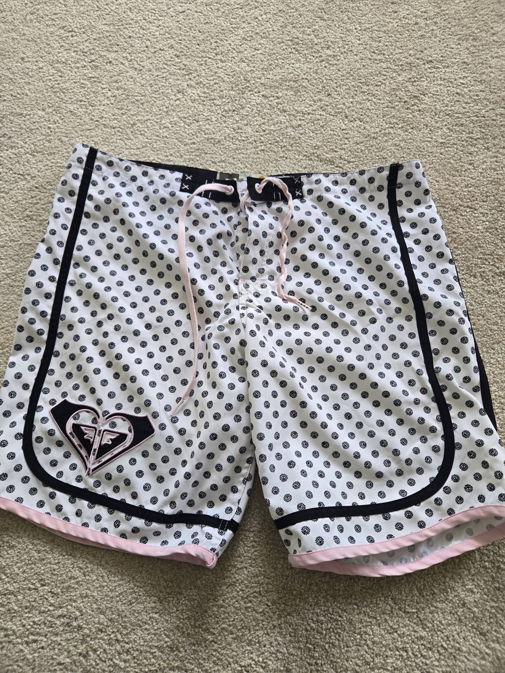 Roxy White Swim Shorts with Black Dot Print and Multicolor Logo